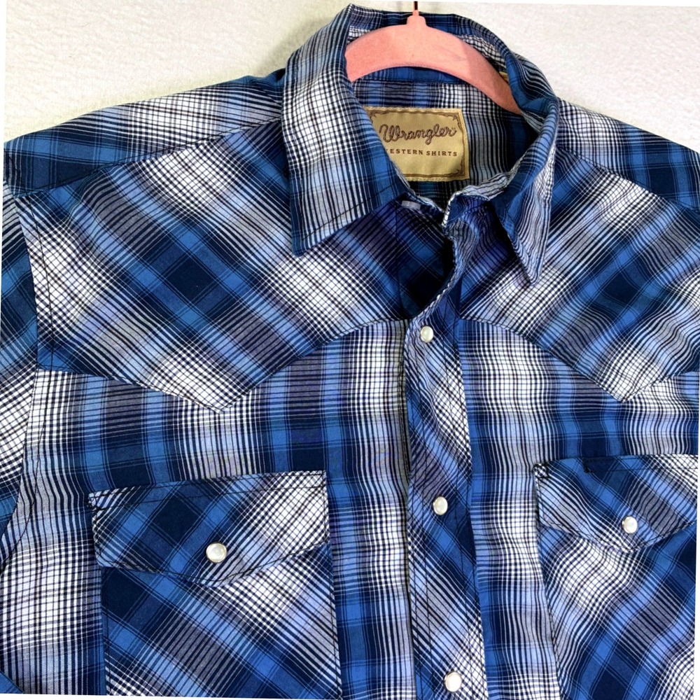 Wrangler Western Shirt Mens Medium Blue Plaid Pearl Snap Long Sleeve Cowboy Yoke